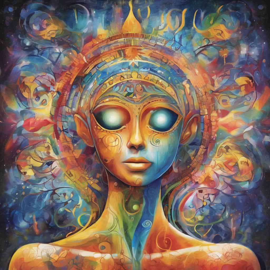 Ουράνιο πλάσμα σε αφηρημένη τεχνοτροπία, φωτεινά χρώματα και έκφραση εσωτερικής δύναμης.