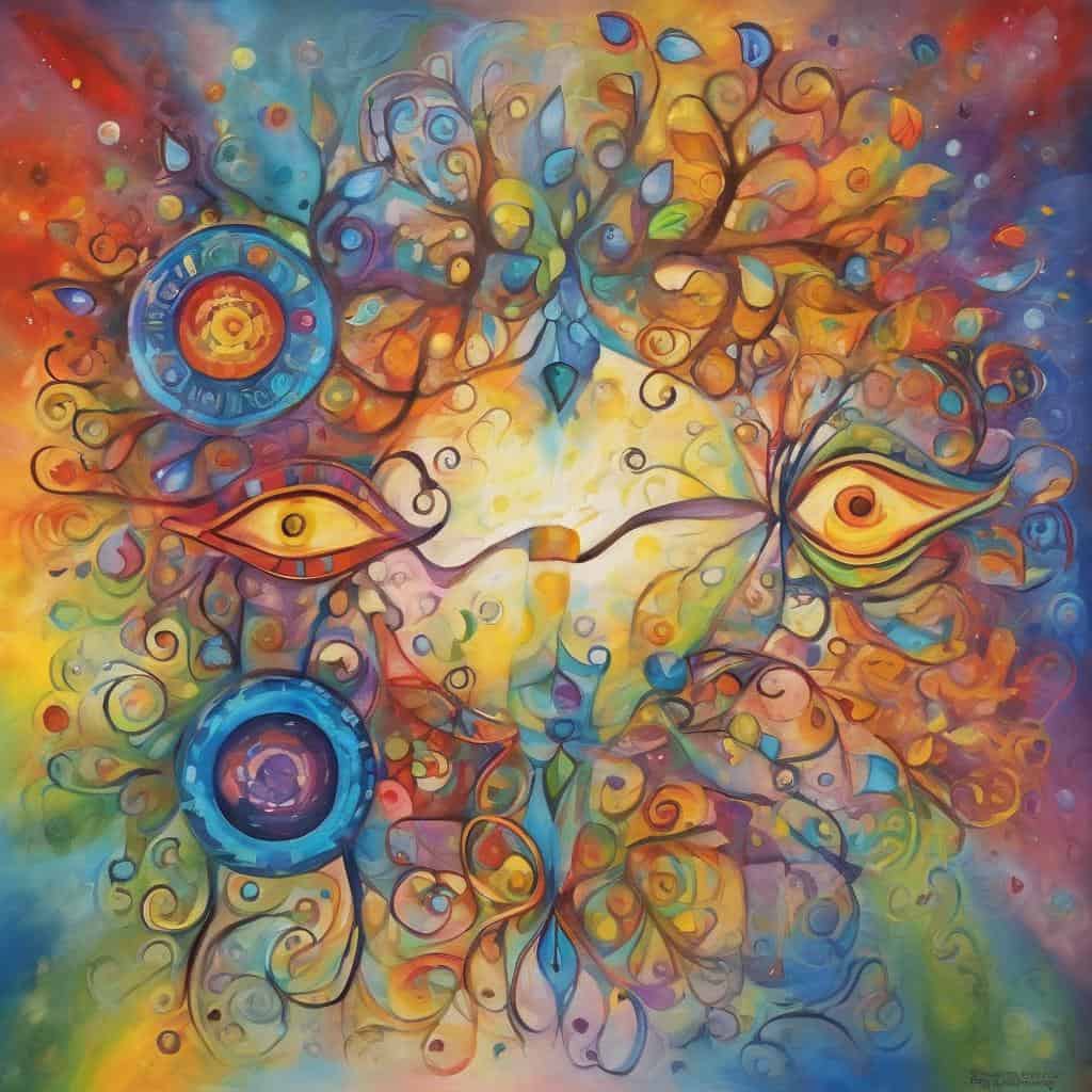 Ασυνήθιστο αφηρημένο πίνακα με πολύχρωμους συμβολισμούς προσωπικής ανάπτυξης και επιτυχίας.