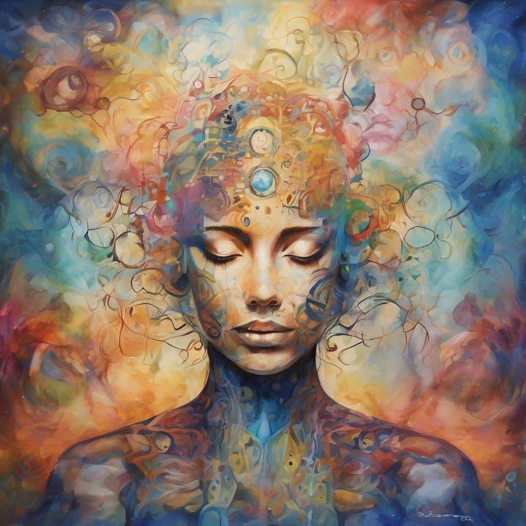 Ομορφη γυναίκα με πολύχρωμο αφηρημένο πρόσωπο και νου, συμβολίζει την επιτυχία ξεκινά από εσένα σε αφηρημένο στυλ τέχνης.